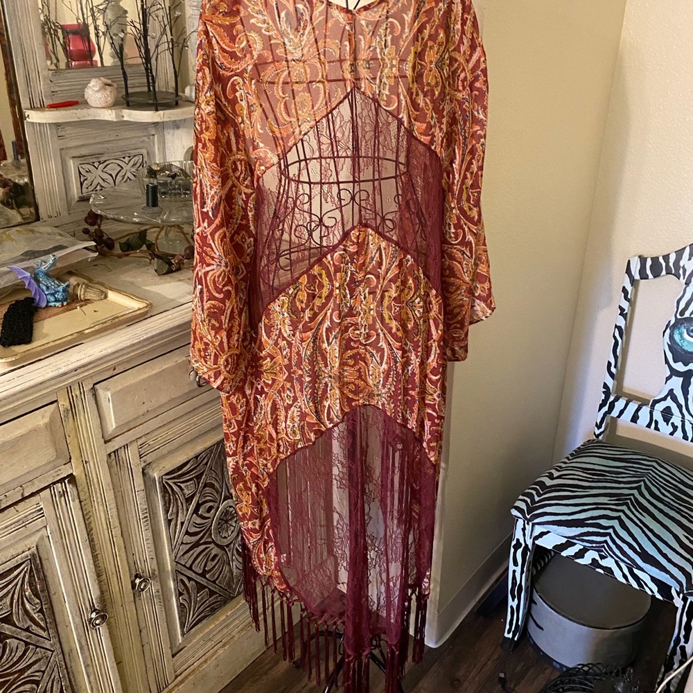 Bohemian Paisley Fringe Robe - Rust Red - Picture 5 of 9